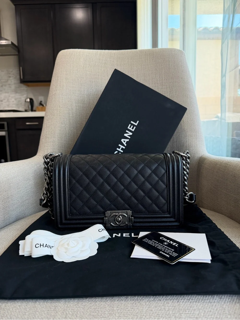CHANEL Black Quilted Boy Shoulder Bag with Gunmetal Hardware